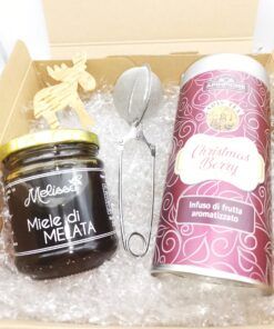 Scatola con miele da 250g, tisana in scatola di latta e infusore