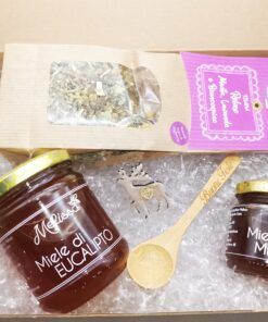 Scatola con miele da 250g, miele da 50g, tisana e cucchiaino in legno